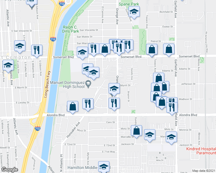 map of restaurants, bars, coffee shops, grocery stores, and more near 15530 Delcombre Avenue in Paramount