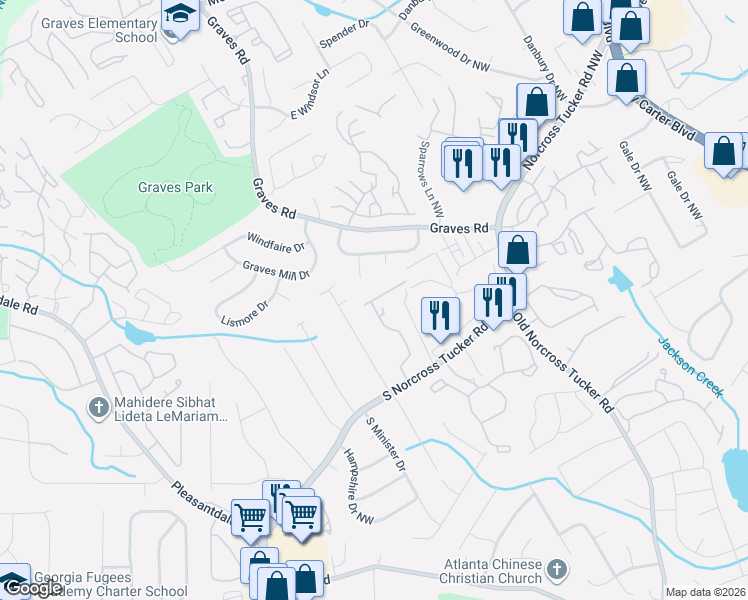 map of restaurants, bars, coffee shops, grocery stores, and more near 1387 Branch Drive in Tucker