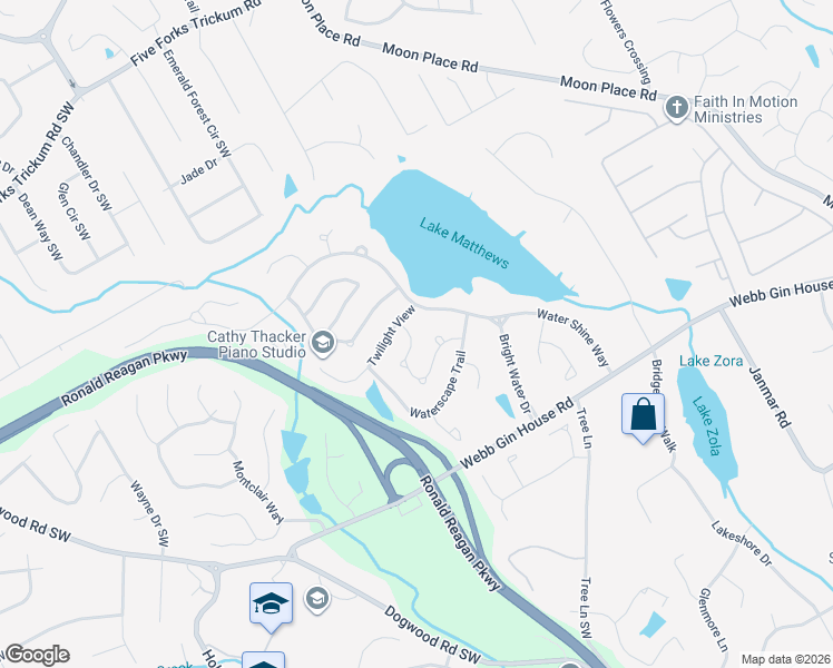 map of restaurants, bars, coffee shops, grocery stores, and more near 972 White Cloud Ridge in Snellville
