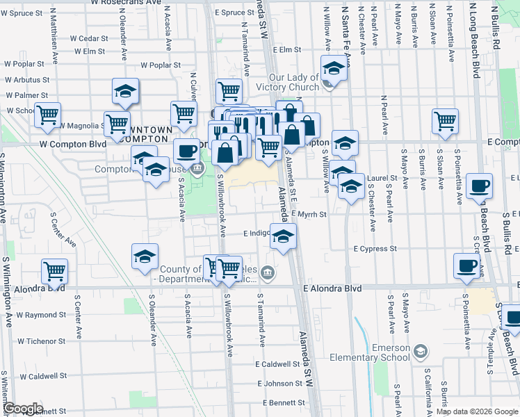 map of restaurants, bars, coffee shops, grocery stores, and more near 201 Racquet Club Drive in Compton