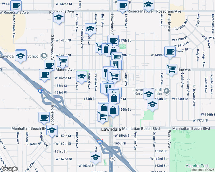 map of restaurants, bars, coffee shops, grocery stores, and more near 15223 Hawthorne Boulevard in Lawndale