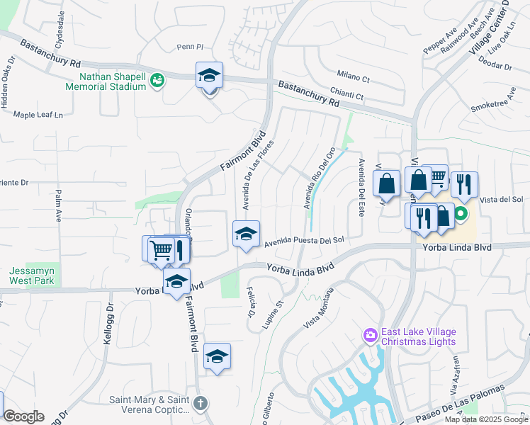 map of restaurants, bars, coffee shops, grocery stores, and more near 4644 Vía La Primavera in Yorba Linda