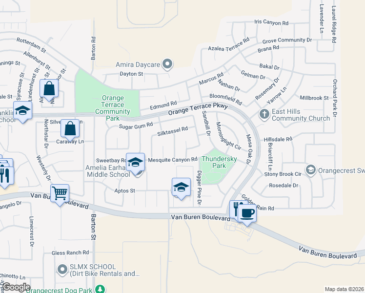 map of restaurants, bars, coffee shops, grocery stores, and more near 8753 Pinelane Circle in Riverside