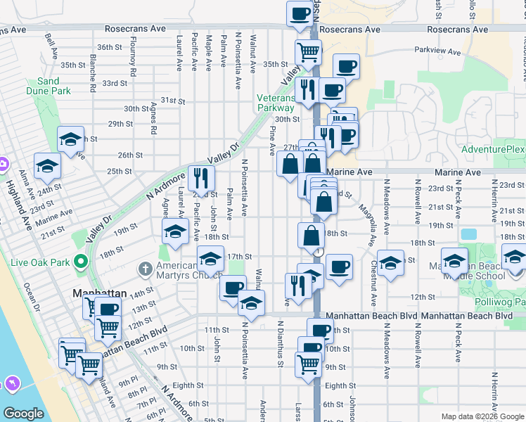 map of restaurants, bars, coffee shops, grocery stores, and more near 2000 Walnut Avenue in Manhattan Beach