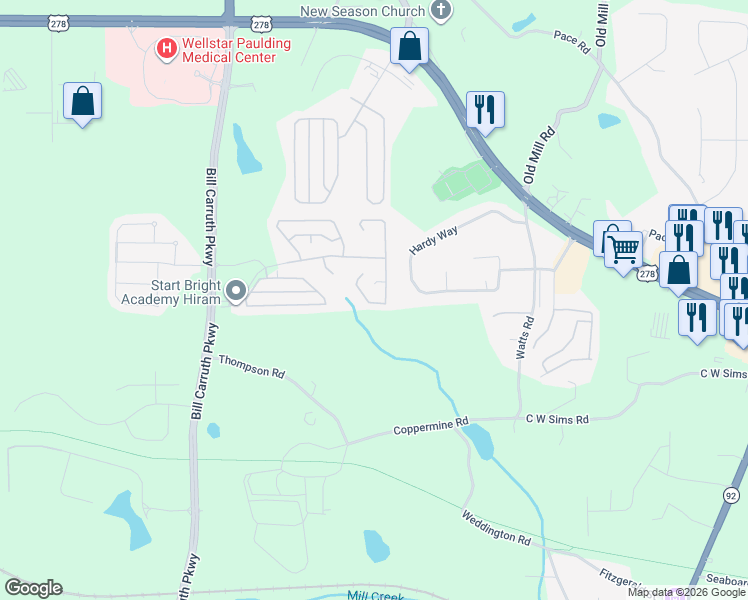 map of restaurants, bars, coffee shops, grocery stores, and more near 344 Rosemont Court in Hiram