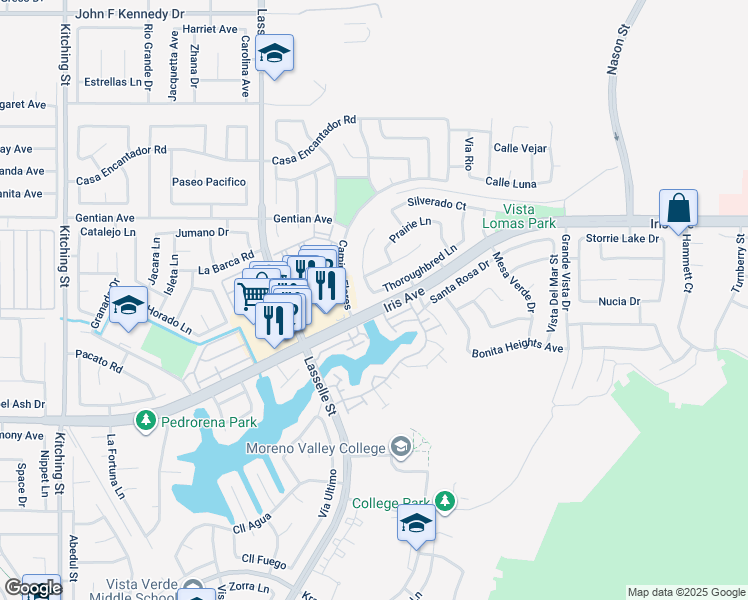 map of restaurants, bars, coffee shops, grocery stores, and more near 26307 Thoroughbred Lane in Moreno Valley