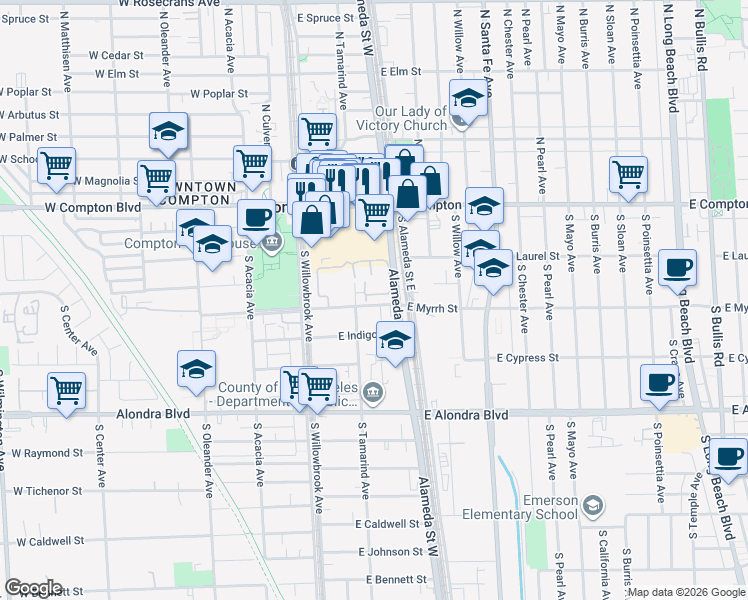 map of restaurants, bars, coffee shops, grocery stores, and more near 184 Racquet Club Drive in Compton