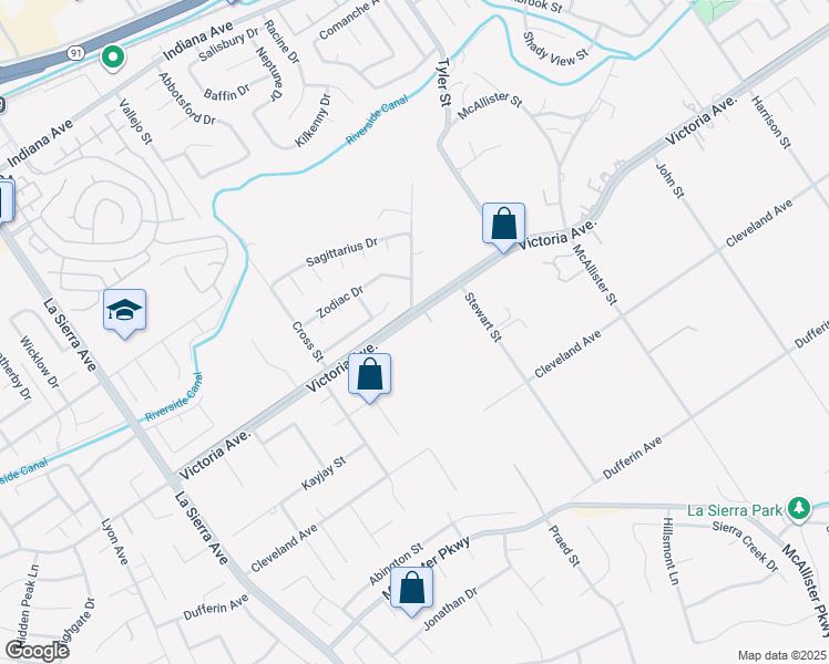 map of restaurants, bars, coffee shops, grocery stores, and more near 10620 Victoria Avenue in Riverside