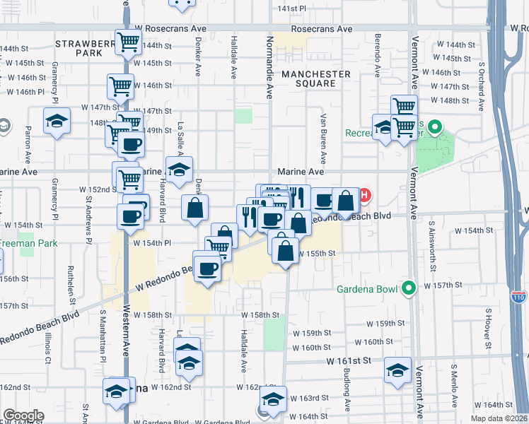 map of restaurants, bars, coffee shops, grocery stores, and more near 15305 Normandie Avenue in Gardena