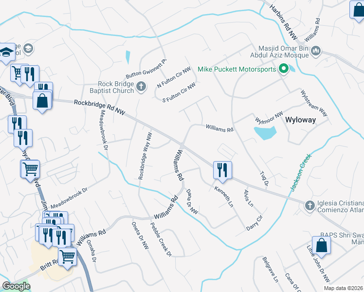 map of restaurants, bars, coffee shops, grocery stores, and more near 5423 Williams Road in Norcross