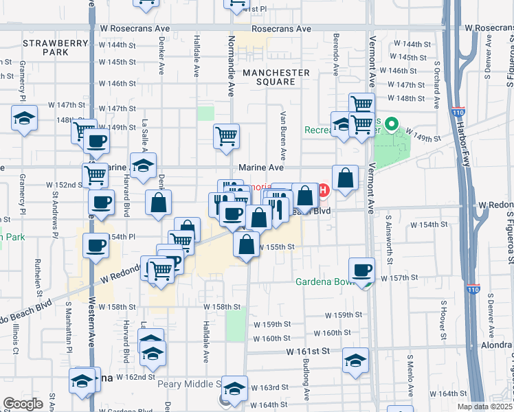map of restaurants, bars, coffee shops, grocery stores, and more near 15303 South Raymond Avenue in Gardena