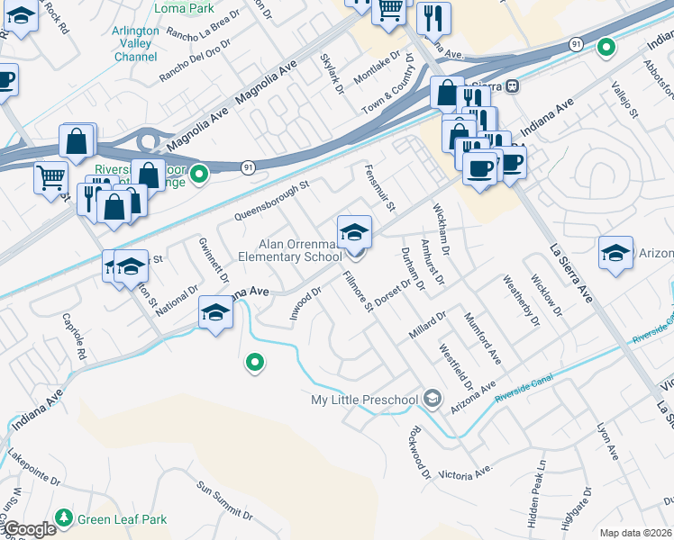 map of restaurants, bars, coffee shops, grocery stores, and more near 11505 Inwood Drive in Riverside