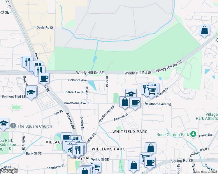 map of restaurants, bars, coffee shops, grocery stores, and more near 2471 Reed Street in Smyrna