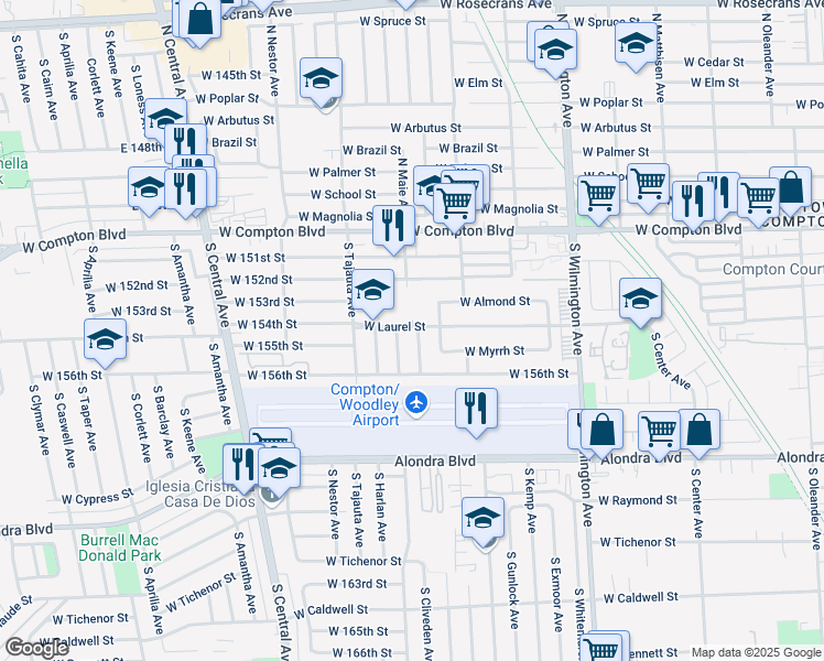 map of restaurants, bars, coffee shops, grocery stores, and more near 403 South Maie Avenue in Compton