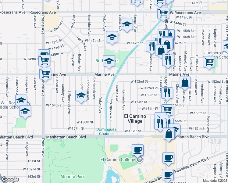 map of restaurants, bars, coffee shops, grocery stores, and more near 15309 Patronella Avenue in Gardena