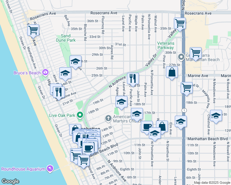 map of restaurants, bars, coffee shops, grocery stores, and more near 2001 Agnes Road in Manhattan Beach