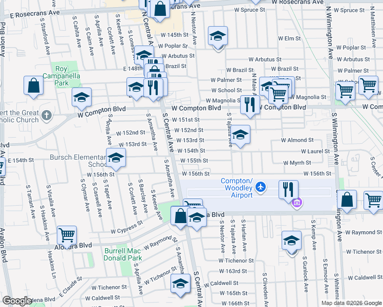 map of restaurants, bars, coffee shops, grocery stores, and more near 1704 West 154th Street in Compton