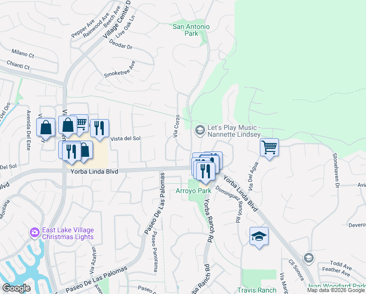 map of restaurants, bars, coffee shops, grocery stores, and more near 4845 Vía Corzo in Yorba Linda