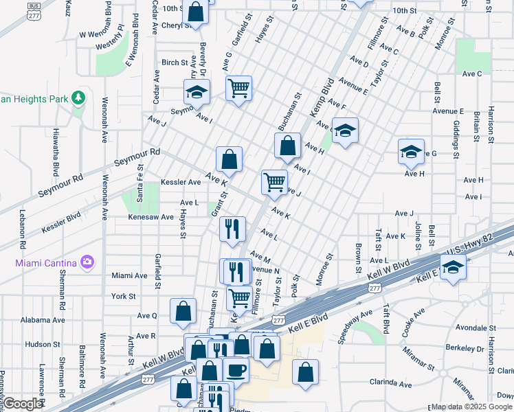 map of restaurants, bars, coffee shops, grocery stores, and more near 2100 Kemp Boulevard in Wichita Falls