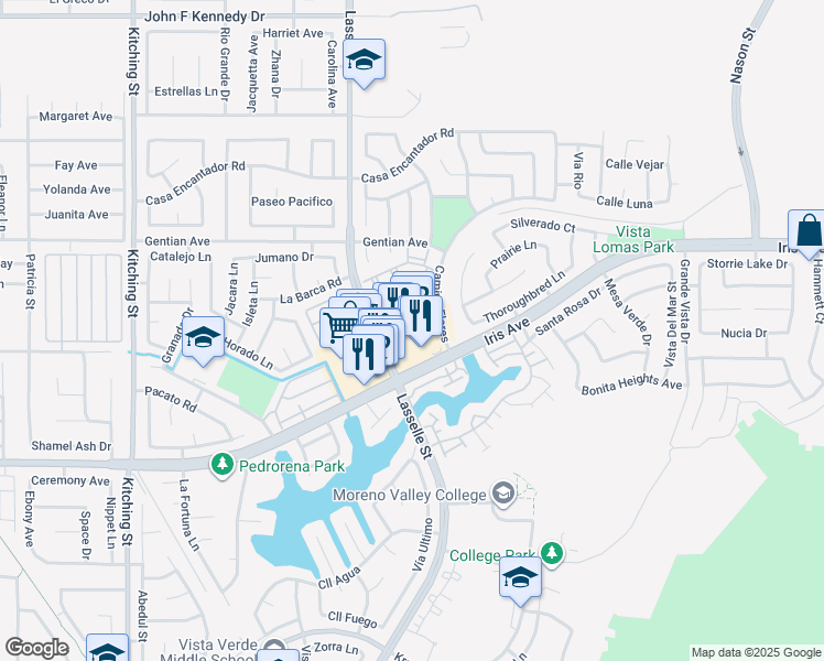 map of restaurants, bars, coffee shops, grocery stores, and more near 26150 Iris Avenue in Moreno Valley