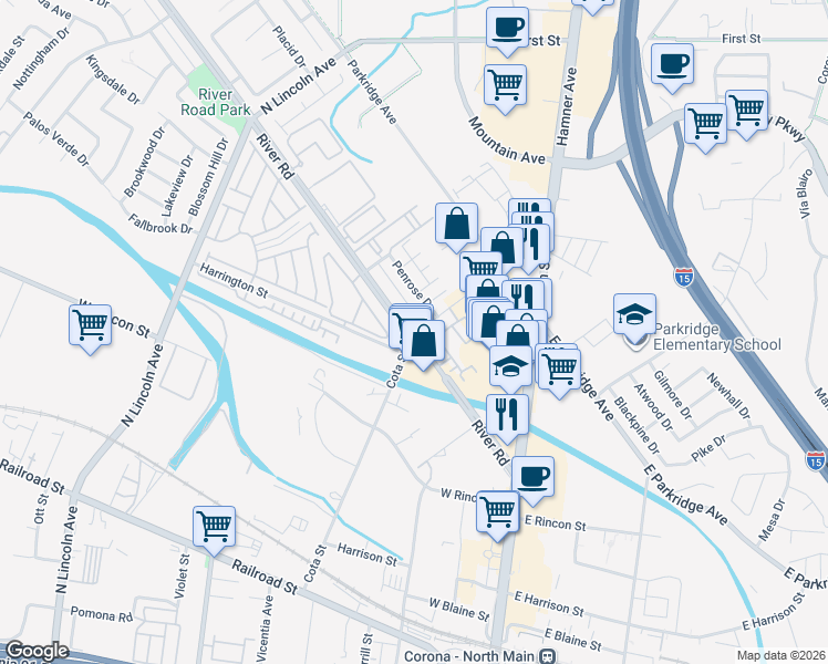 map of restaurants, bars, coffee shops, grocery stores, and more near 484 Klamath Street in Corona