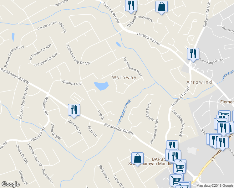 map of restaurants, bars, coffee shops, grocery stores, and more near 5696 Wylake Drive in Norcross