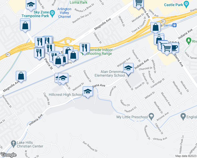 map of restaurants, bars, coffee shops, grocery stores, and more near 3465 Commonwealth Place in Riverside