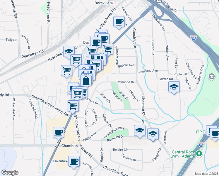 map of restaurants, bars, coffee shops, grocery stores, and more near 2644 Valmar Drive in Doraville