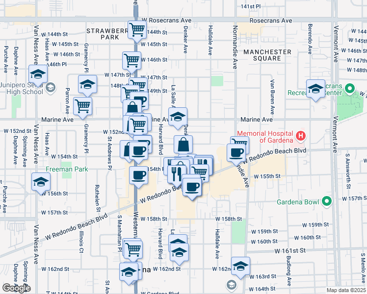 map of restaurants, bars, coffee shops, grocery stores, and more near 1604 West 153rd Street in Gardena