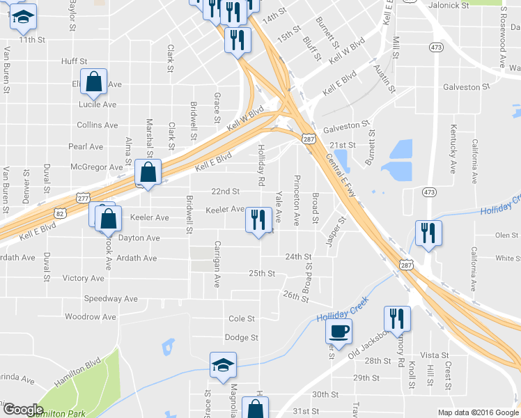map of restaurants, bars, coffee shops, grocery stores, and more near 2212 Holliday Road in Wichita Falls