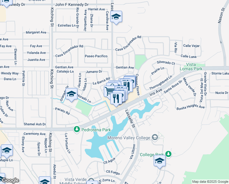 map of restaurants, bars, coffee shops, grocery stores, and more near 15677 Lasselle Street in Moreno Valley