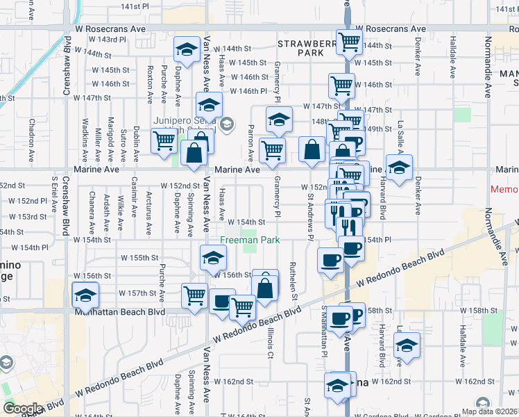 map of restaurants, bars, coffee shops, grocery stores, and more near 15309 Wilton Place in Gardena