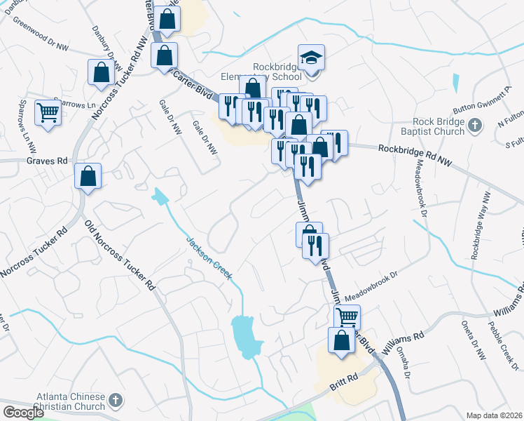 map of restaurants, bars, coffee shops, grocery stores, and more near 6302 Story Circle in Norcross