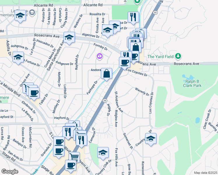 map of restaurants, bars, coffee shops, grocery stores, and more near 4580 Durango Drive in Buena Park