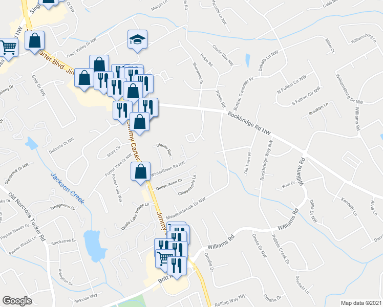 map of restaurants, bars, coffee shops, grocery stores, and more near 5950 WinterGreen Road Northwest in Norcross