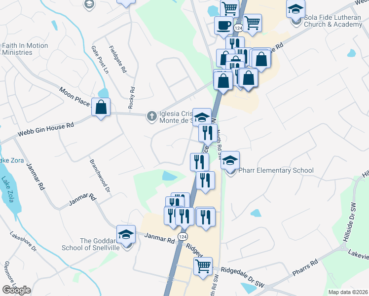 map of restaurants, bars, coffee shops, grocery stores, and more near 1441 Wethersfield Road Southwest in Snellville