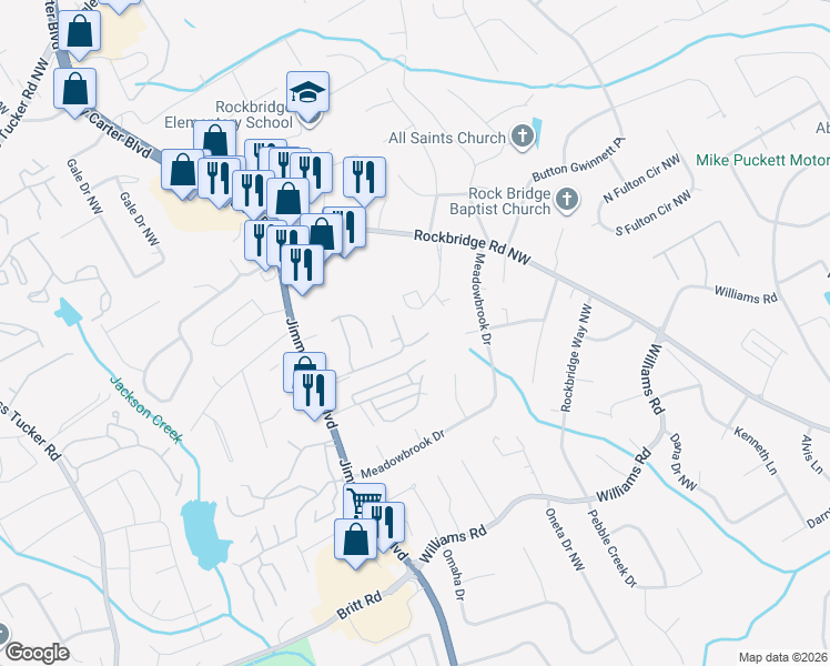map of restaurants, bars, coffee shops, grocery stores, and more near 6059 WinterGreen Road Northwest in Norcross