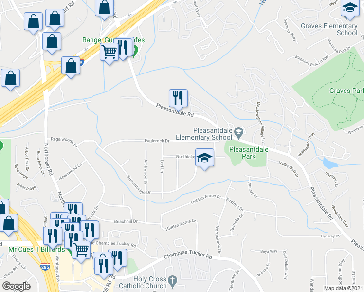 map of restaurants, bars, coffee shops, grocery stores, and more near 3645 Eaglerock Drive in Atlanta