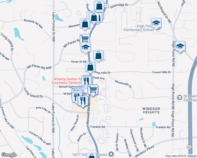map of restaurants, bars, coffee shops, grocery stores, and more near 6506 Park Avenue in Atlanta