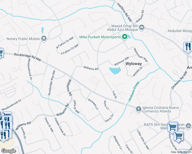 map of restaurants, bars, coffee shops, grocery stores, and more near 5830 Peltier Trace in Norcross