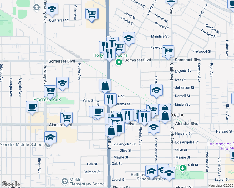 map of restaurants, bars, coffee shops, grocery stores, and more near 9033 Hegel Street in Bellflower