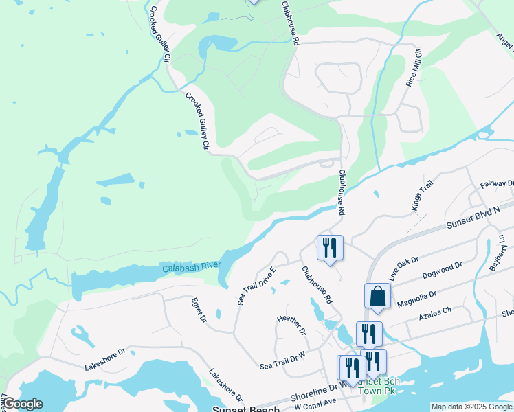map of restaurants, bars, coffee shops, grocery stores, and more near 147 Crooked Gulley Circle in Sunset Beach
