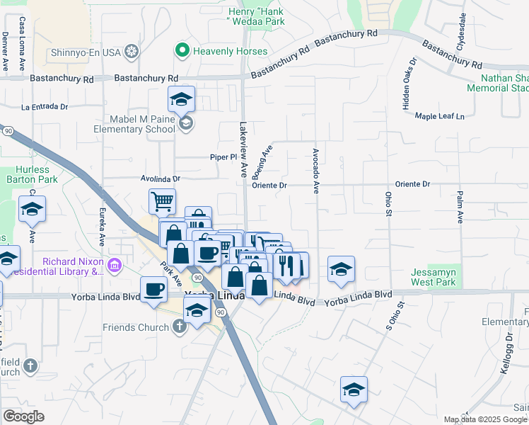map of restaurants, bars, coffee shops, grocery stores, and more near 18551 Altrudy Lane in Yorba Linda