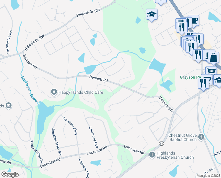 map of restaurants, bars, coffee shops, grocery stores, and more near 621 Pineberry Court in Grayson