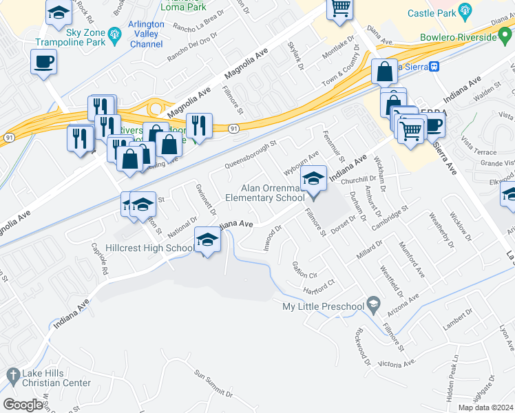 map of restaurants, bars, coffee shops, grocery stores, and more near 11619 Capitol Drive in Riverside