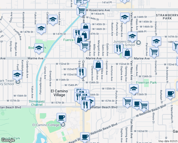 map of restaurants, bars, coffee shops, grocery stores, and more near 15236 Atkinson Avenue in Gardena