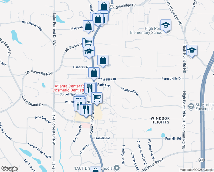 map of restaurants, bars, coffee shops, grocery stores, and more near 6506 Park Avenue in Atlanta