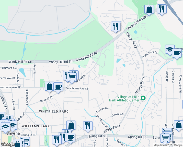 map of restaurants, bars, coffee shops, grocery stores, and more near 1836 Roswell Street in Smyrna