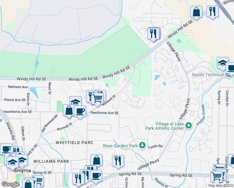 map of restaurants, bars, coffee shops, grocery stores, and more near 1812 Roswell Street in Smyrna