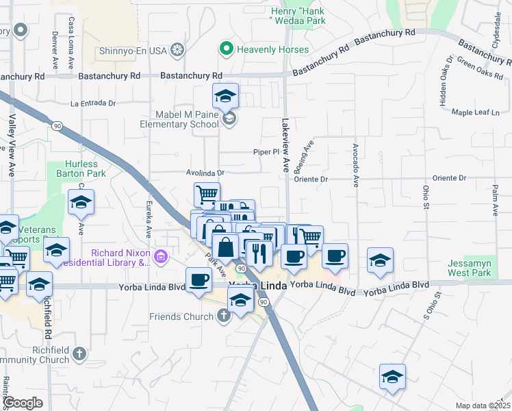 map of restaurants, bars, coffee shops, grocery stores, and more near 4715 School Street in Yorba Linda